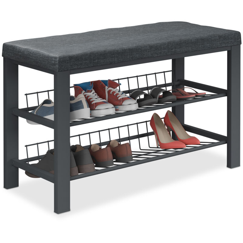 foto del prodotto relaxdays panca scarpiera da ingresso, 2 ripiani portascarpe, panchina cuscino imbottito, 50,5x82x33 cm, nero
