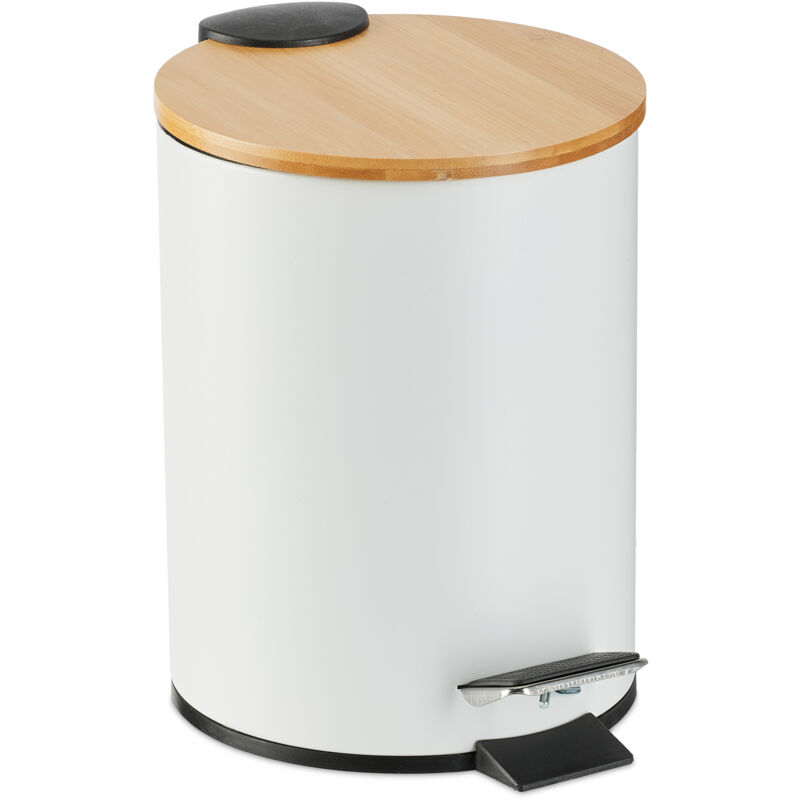 foto del prodotto relaxdays pattumiera bagno a pedale 3 l, cestino cosmetici con cesto interno rimovibile, bidone in ferro e bamb , bianco