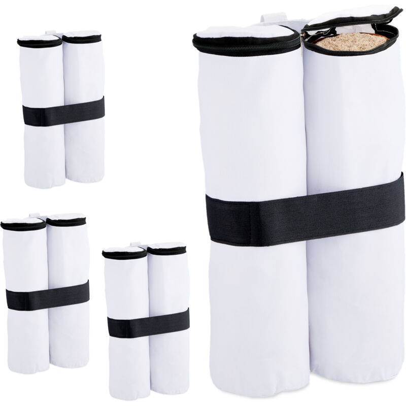 foto del prodotto relaxdays peso per gazebo, set da 4, sacchi in tessuto oxford da riempire con sabbia, zavorre per padiglione, bianco