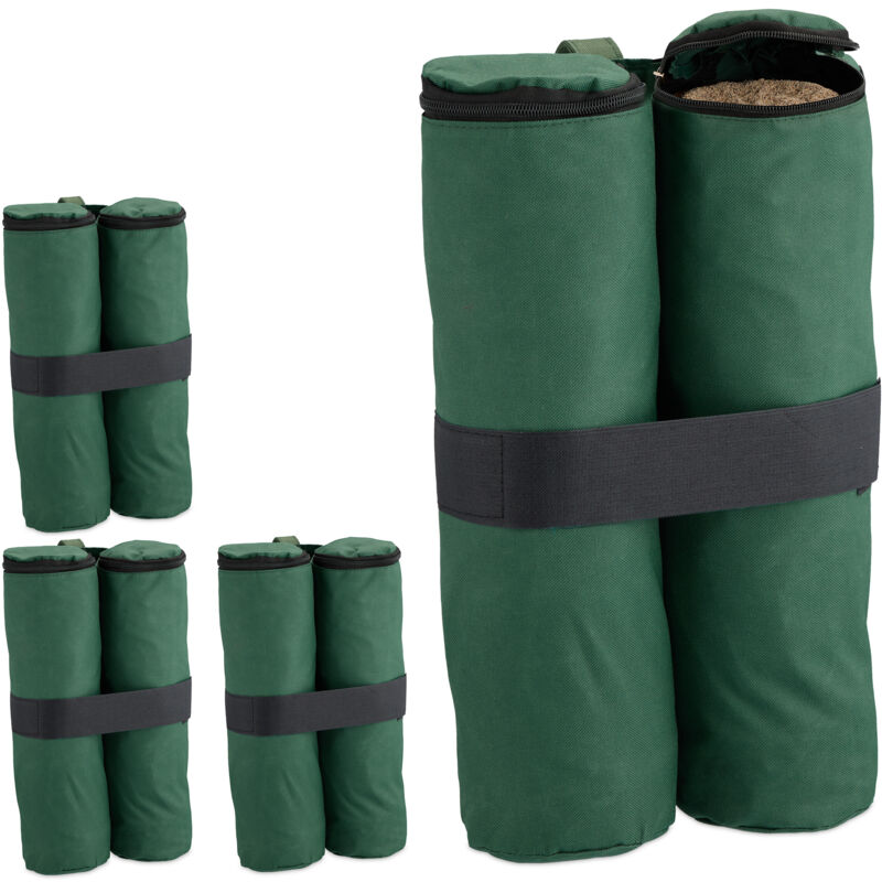 foto del prodotto relaxdays peso per gazebo, set da 4, sacchi in tessuto oxford da riempire con sabbia, zavorre per padiglione, verde