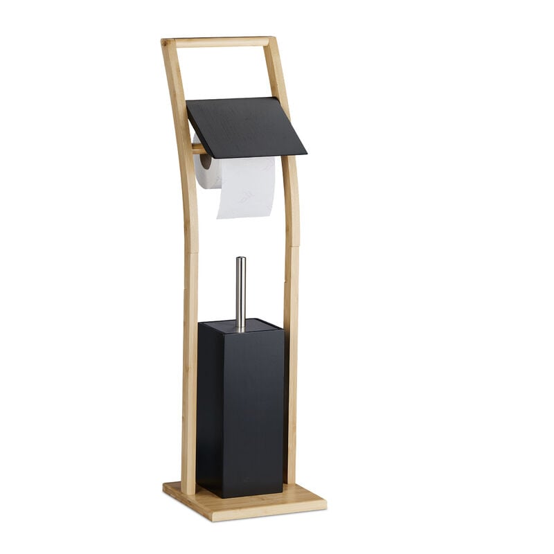 foto del prodotto relaxdays piantana portarotolo e scopino, colonnina autoportante wc, portascopino bagno, hlp 74x20x20 cm, marrone nero
