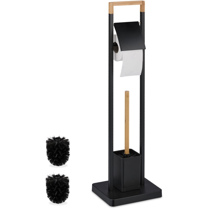 foto del prodotto relaxdays piantana portarotolo e scopino, portascopino da bagno, carta igienica, supporto acciaio e bamb , naturale nero