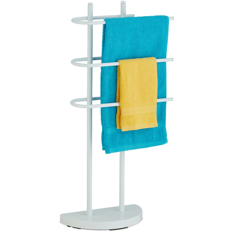 foto del prodotto relaxdays piantana portasciugamani, autoportante, 3 bracci in ferro, hlp 83x39x18 cm, appendi asciugamani bagno, bianco