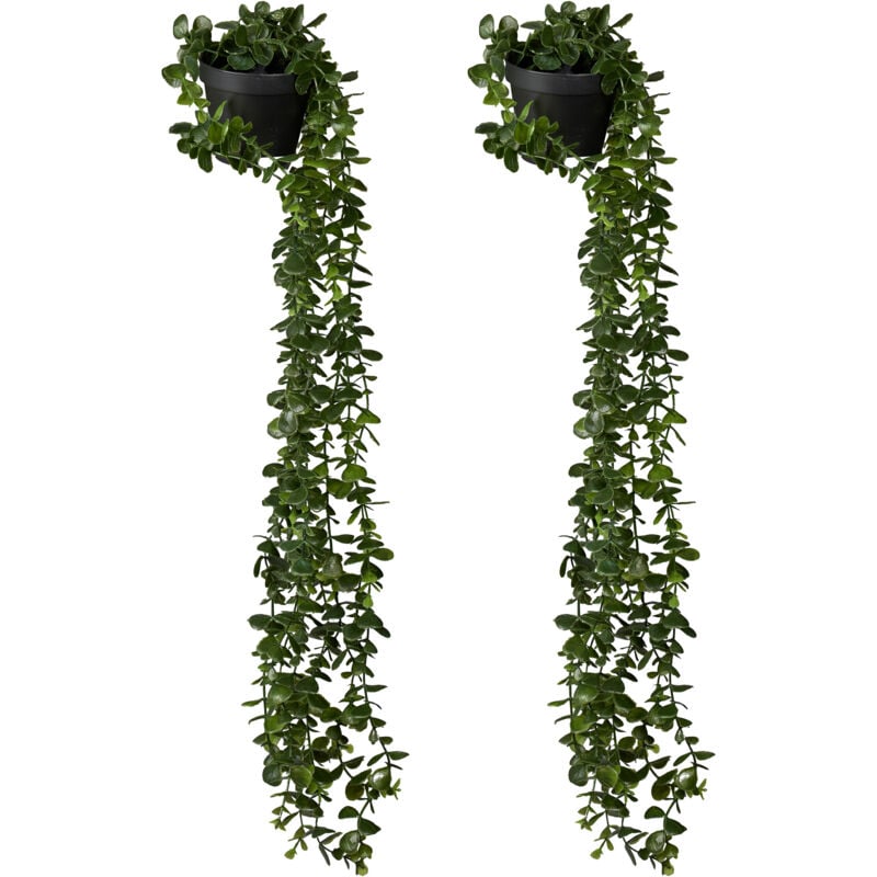 foto del prodotto relaxdays piante finte pendenti, set da 2 piantine artificiali in plastica, vasi sospesi interni, fake plant, verde nero