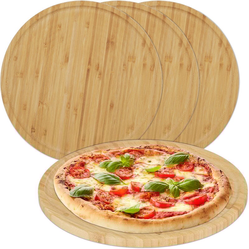 foto del prodotto relaxdays piatto per pizza rotondo, set da 4 taglieri antipasti formaggi, 32 cm, vassoio da cucina, bamb , naturale