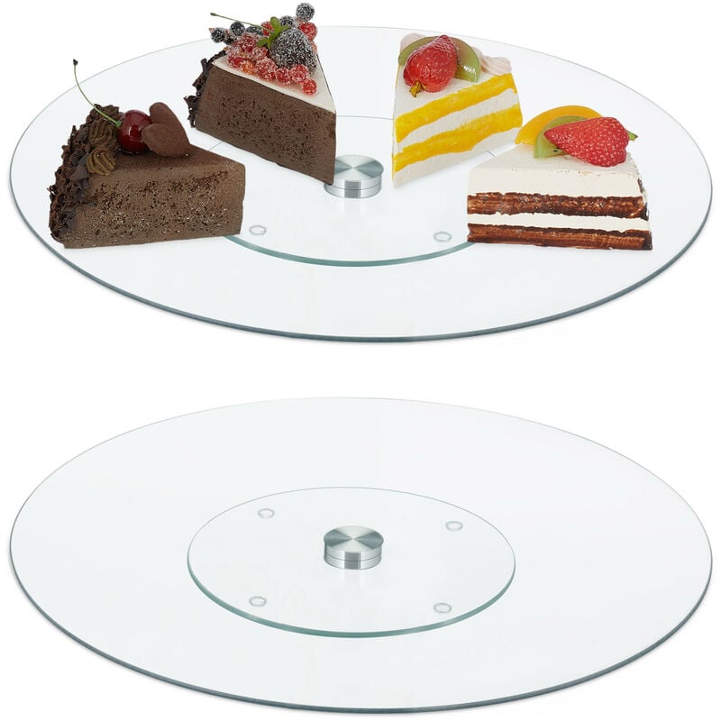 foto del prodotto relaxdays piatto rotante per torte, set da 2, girevole a 360 , 30cm, decorare, tortiera rotonda in vetro, trasparente