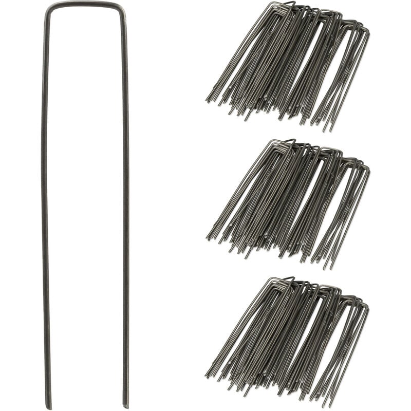 foto del prodotto relaxdays picchetti a u, set 150 puntelli, l 15 cm, 2mm, chiodi per tende da campeggio e teli pacciamatura, antracite
