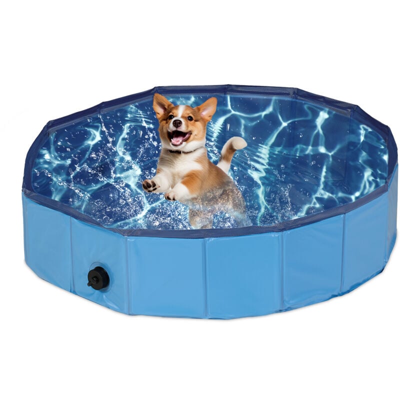 foto del prodotto relaxdays piscina per cani taglia piccola, 20x80 cm, piscinetta pieghevole con scarico, bagno in giardino, pvc, mdf, blu