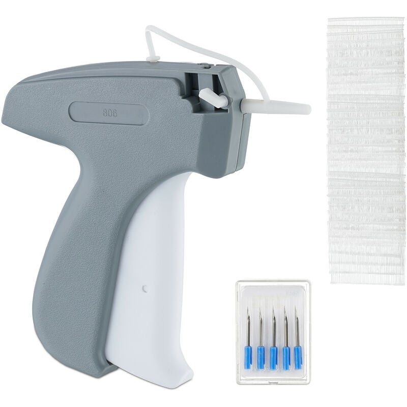 foto del prodotto relaxdays pistola etichettatrice per indumenti, prezzatrice sparafili con 5 aghi di riserva e 5000 fili, verde bianco