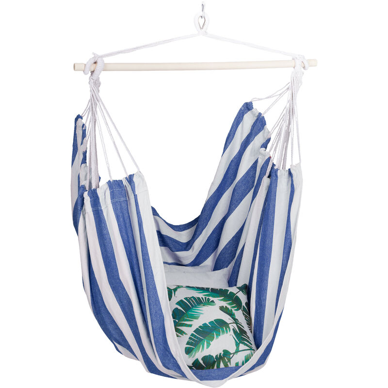 foto del prodotto relaxdays poltrona sospesa, amaca a dondolo in cotone, supporto in legno, esterno e interno, fino a 150 kg, blu bianco