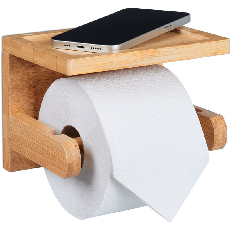 foto del prodotto relaxdays porta carta igienica con ripiano, per cellulare, chiavi, portarotolo in bamb , hlp 12,5x16,5x12,5 cm, naturale