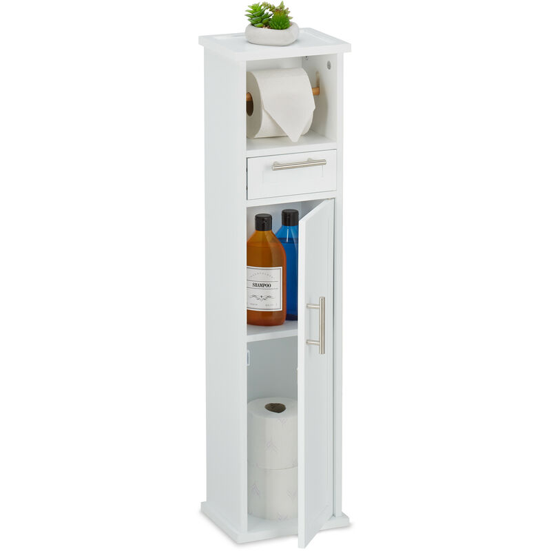 foto del prodotto relaxdays porta carta igienica da bagno, mobiletto autoportante salvaspazio, con cassetto, hlp 87,5x22x17,5 cm, bianco