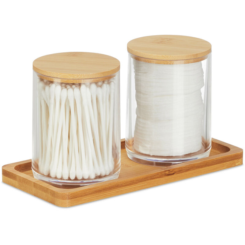 foto del prodotto relaxdays porta cotton fioc, bagno, 2 box in plastica per dischetti di cotone, coperchi in bamb , naturale trasparente