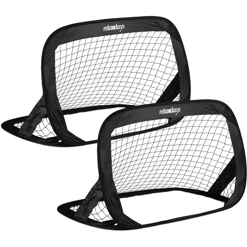 foto del prodotto relaxdays porta da calcio pieghevole in set da 2, porticina pop up da giardino mini rete per bambini 77x122x83 cm, nero