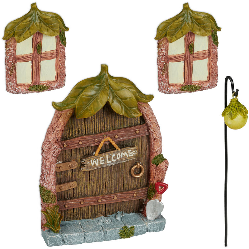 foto del prodotto relaxdays porta delle fate, set, 2 finestre incantate 1 fairy door 1 lanterna, resiste intemperie, per tronchi, colorato
