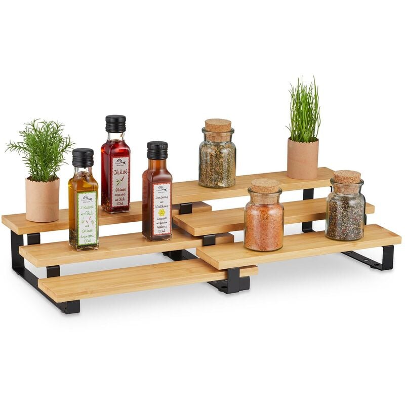 foto del prodotto relaxdays - porta spezie in bambù, 3 livelli, allungabile, scaffale organizer da cucina, hlp 11,5 x 32 x 24,5 cm, naturale