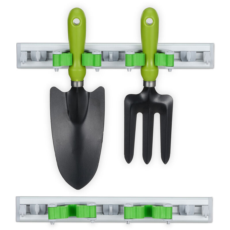 foto del prodotto relaxdays porta utensili da parete, set da 2 portattrezzi con 5 ganci e 2 supporti ciascuno, alluminio, argento verde