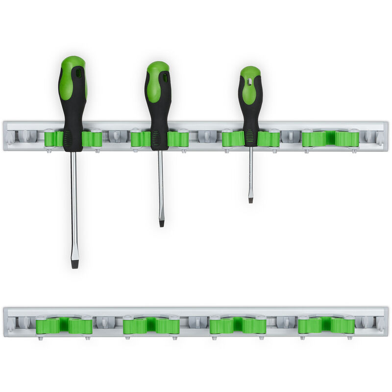 foto del prodotto relaxdays porta utensili da parete, set da 2 portattrezzi con 7 ganci e 4 supporti ciascuno, alluminio, argento verde