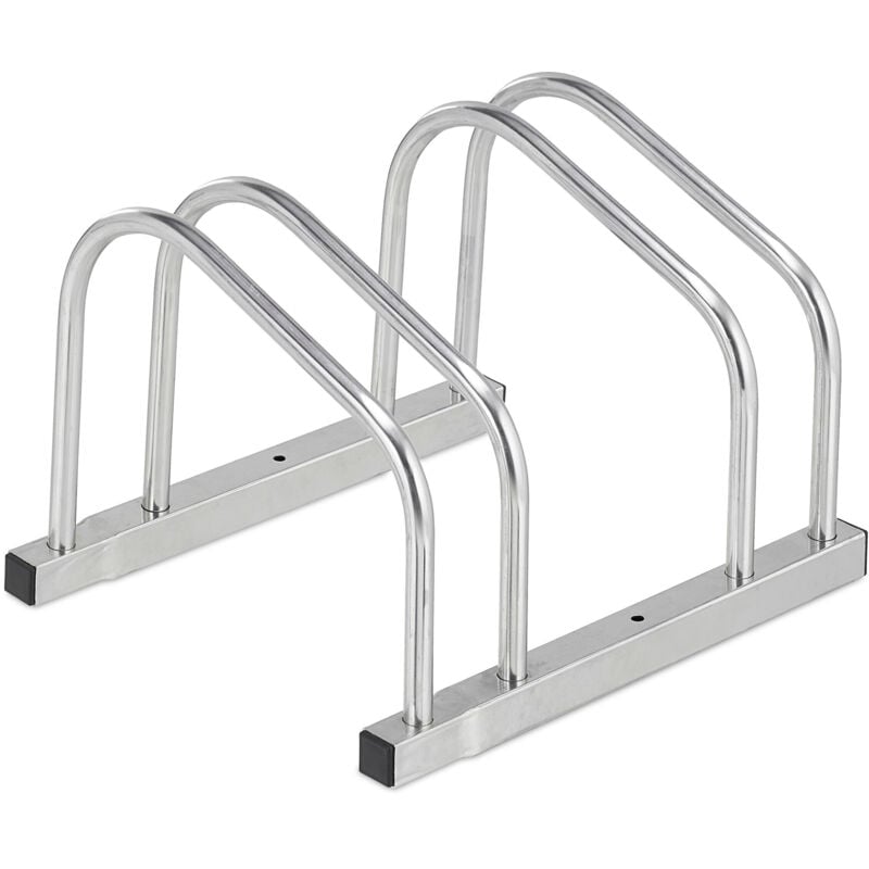 foto del prodotto relaxdays portabici da terra, supporto per 2 biciclette, e bike, parcheggio ruote fino 50 mm, 26x38,5x33,5 cm, argentato