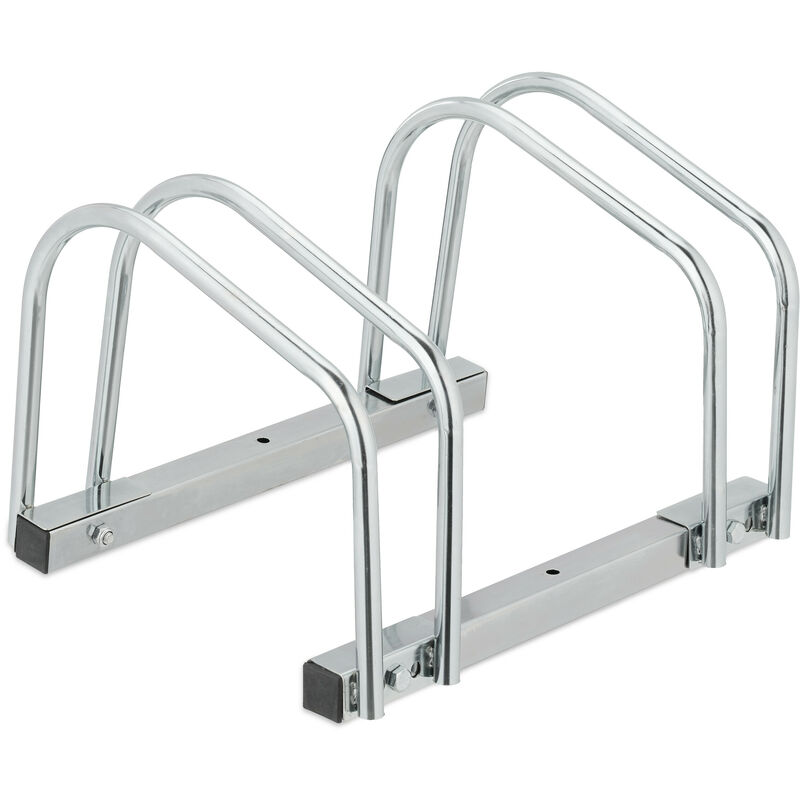 foto del prodotto relaxdays portabici da terra, supporto per 2 biciclette, e bike, parcheggio ruote fino 60 mm, 26,5x40,5x33 cm, argentato