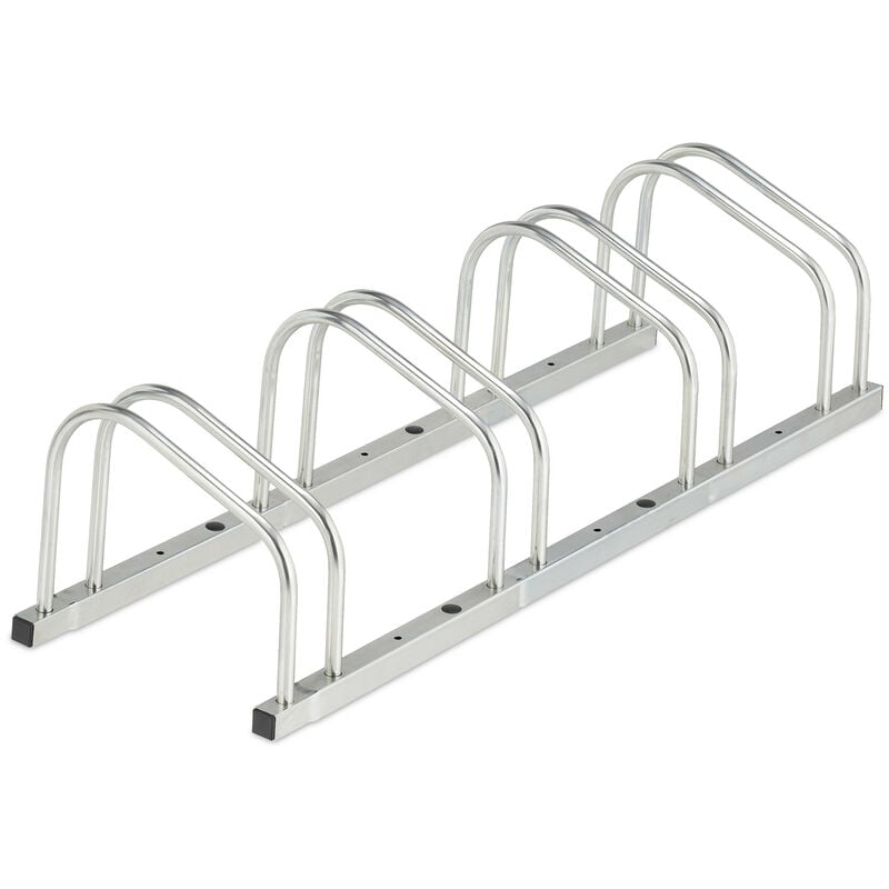 foto del prodotto relaxdays portabici da terra, supporto per 4 biciclette, e bike, parcheggio ruote fino 50 mm, 26x103x33,5 cm, argentato