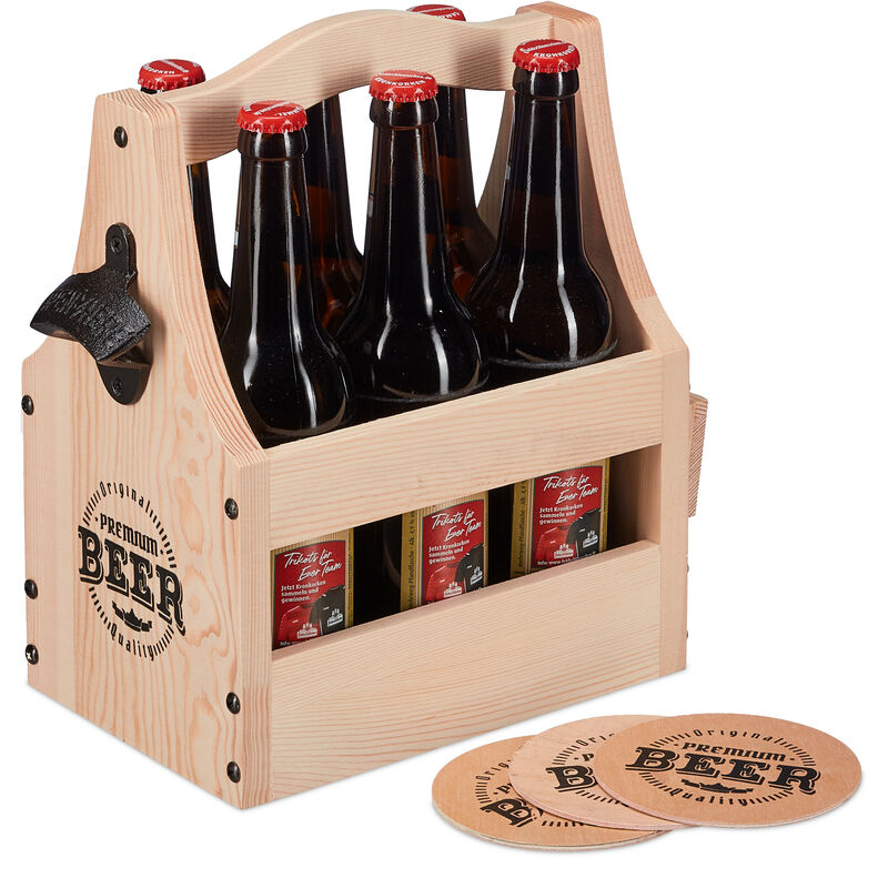 foto del prodotto relaxdays portabottiglie in legno per 6 bottiglie di birra, apribottiglie e sottobicchieri, cesto con manico, naturale