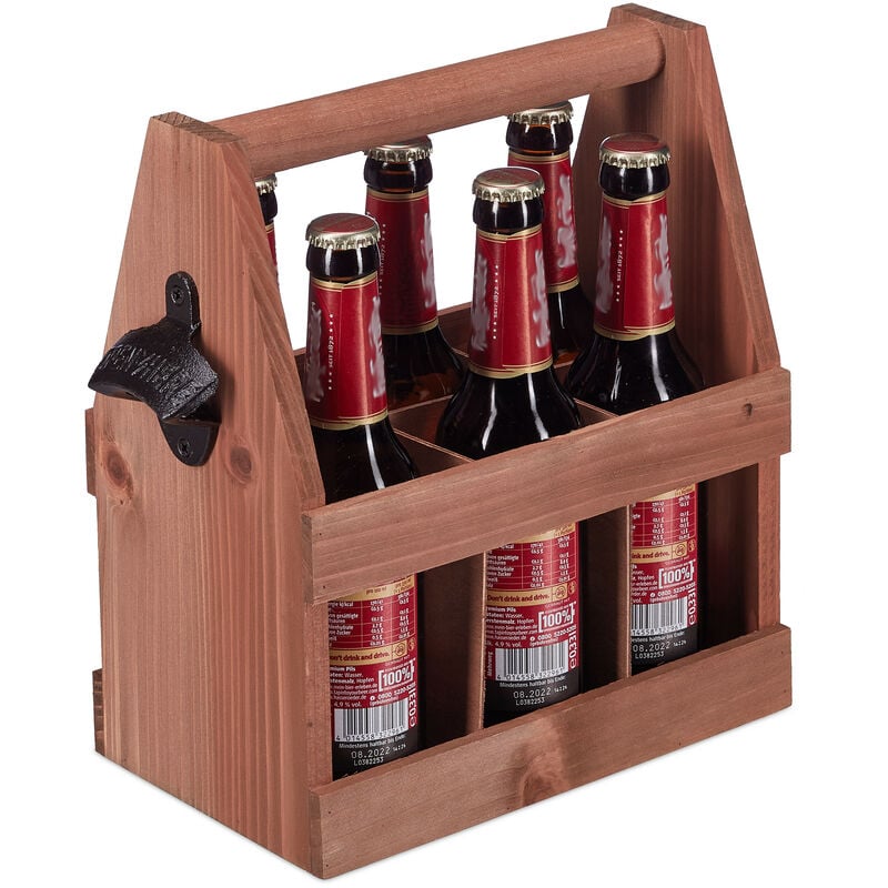 foto del prodotto relaxdays portabottiglie in legno per 6 bottiglie di birra, portabirra con apribottiglie, cesto con manico, marrone