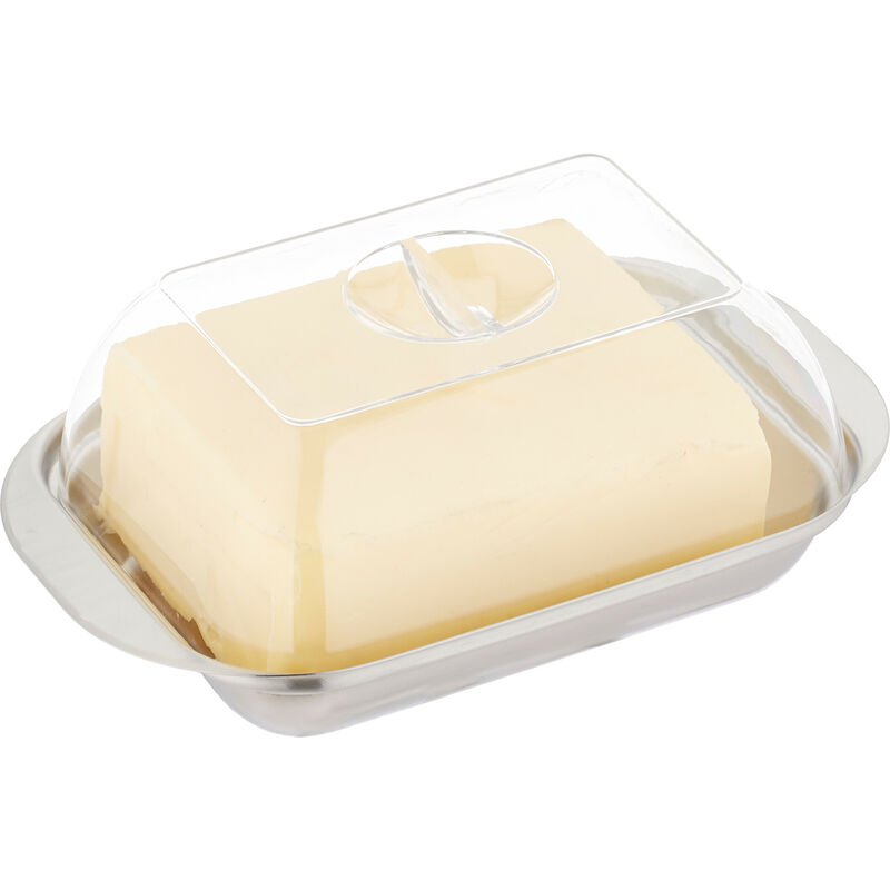 foto del prodotto relaxdays portaburro con coperchio, burriera in acciaio inox e plastica 250 g di burro 5,5x18x11 cm, argento trasparente