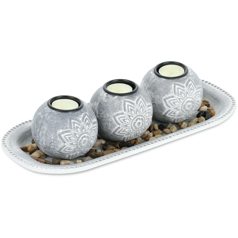 foto del prodotto relaxdays portacandele decorativo con vassoio e pietre, lungo 35 cm, decorazione per tavolino e soggiorno, grigio bianco