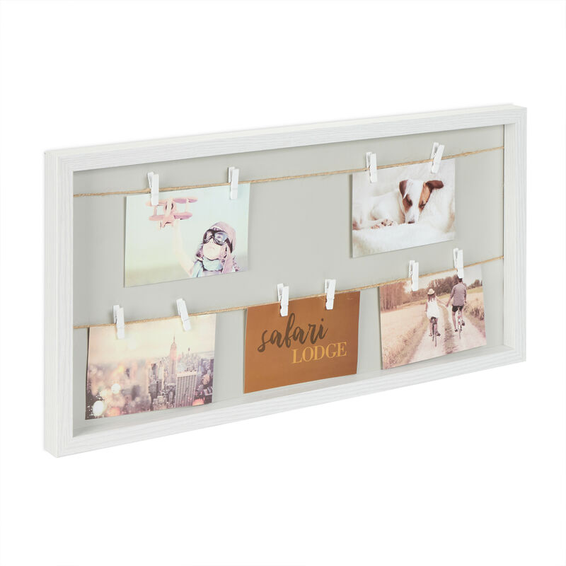 foto del prodotto relaxdays portafoto con mollette e fili, 10 pinze, per appendere foto e cartoline, bacheca da parete, bianco grigio