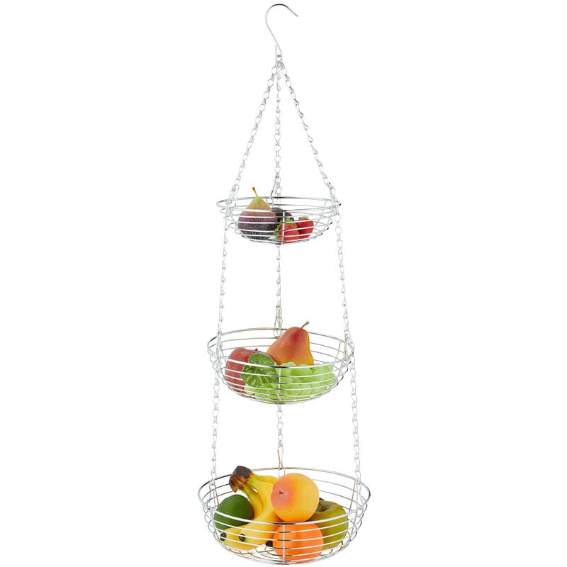 foto del prodotto relaxdays portafrutta da appendere, 3 cesti per frutta e verdura, hxd 82x26,5 cm, cestini design aperto acciaio, argento