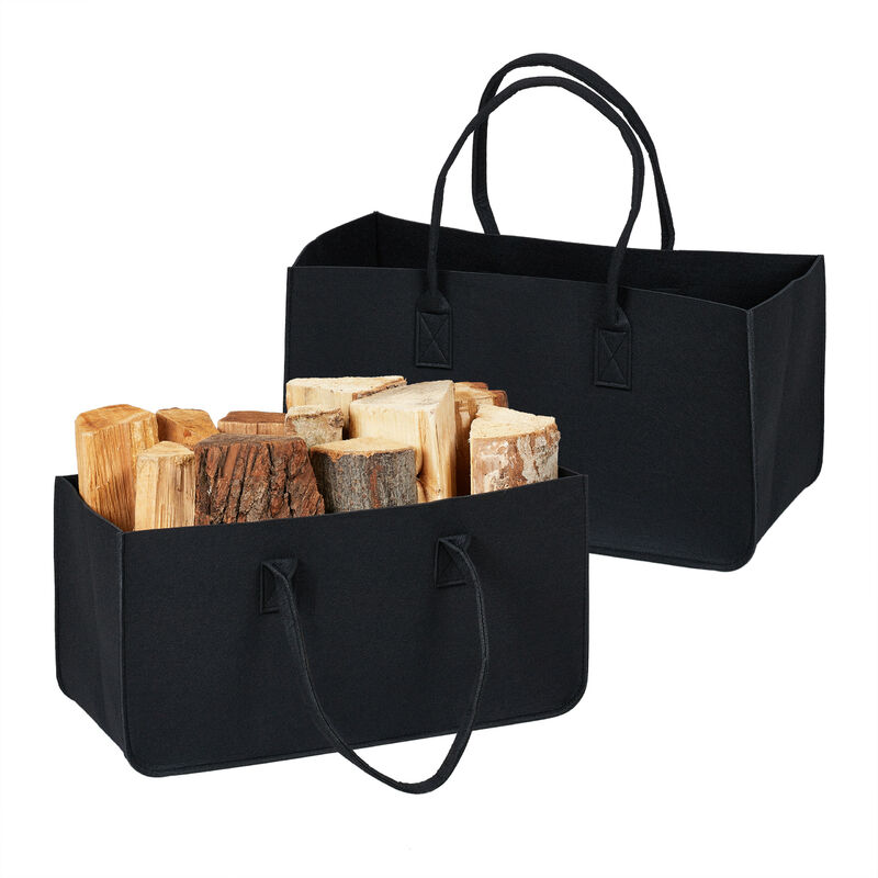 foto del prodotto relaxdays portalegna da interno in feltro, set da 2, cesta con 28 l di volume, borsa per legna con manici, nero