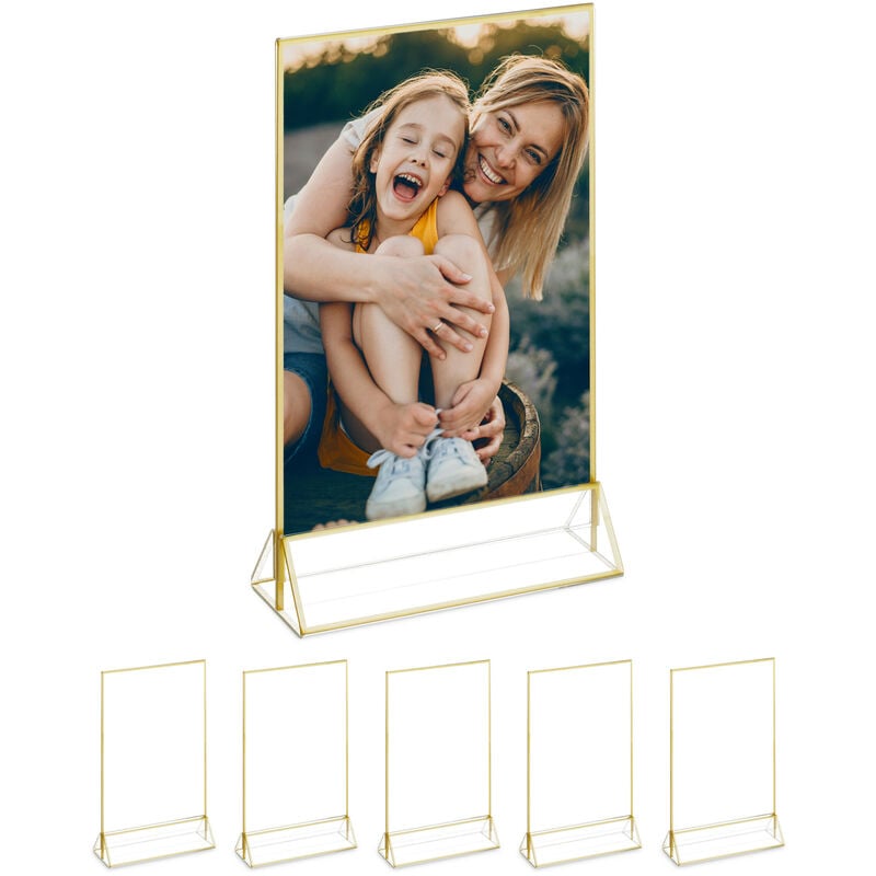 foto del prodotto relaxdays portamenu da tavolo, a5, set 6 supporti segnaposto acrilico, porta men matrimonio, battesimo, trasparente oro