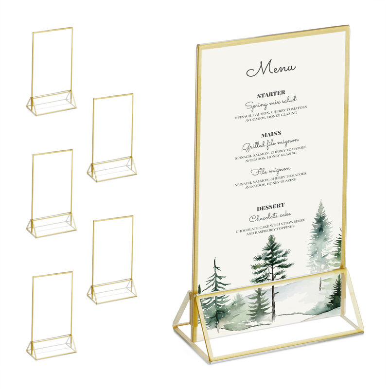 foto del prodotto relaxdays portamenu da tavolo, a6, set 6 supporti segnaposto acrilico, porta men matrimonio, battesimo, trasparente oro