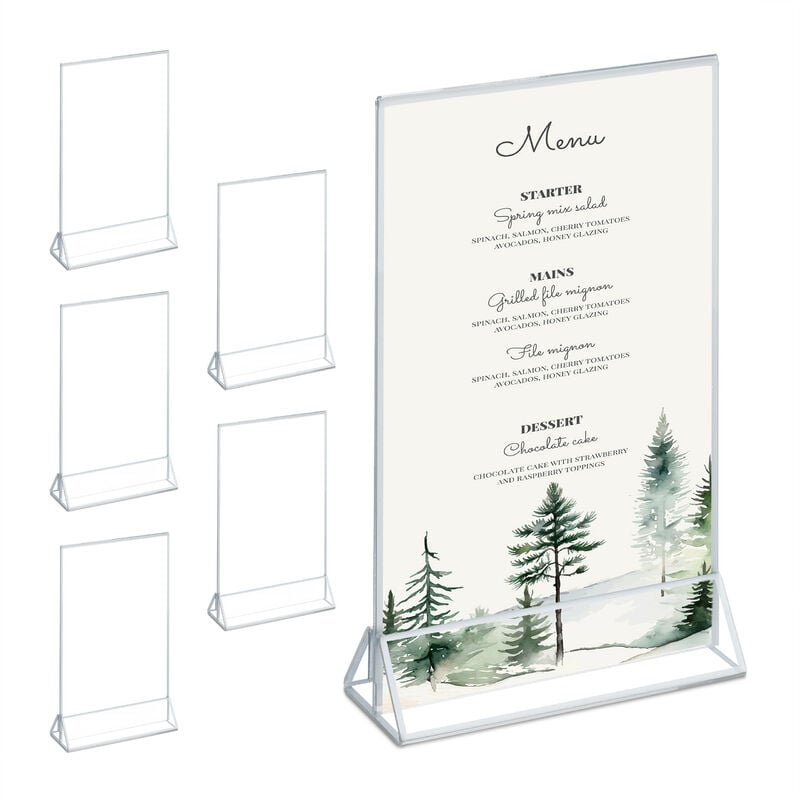 foto del prodotto relaxdays portamenu da tavolo, din a5, set 6 segnaposto acrilico, porta men matrimonio, battesimo, trasparente argento