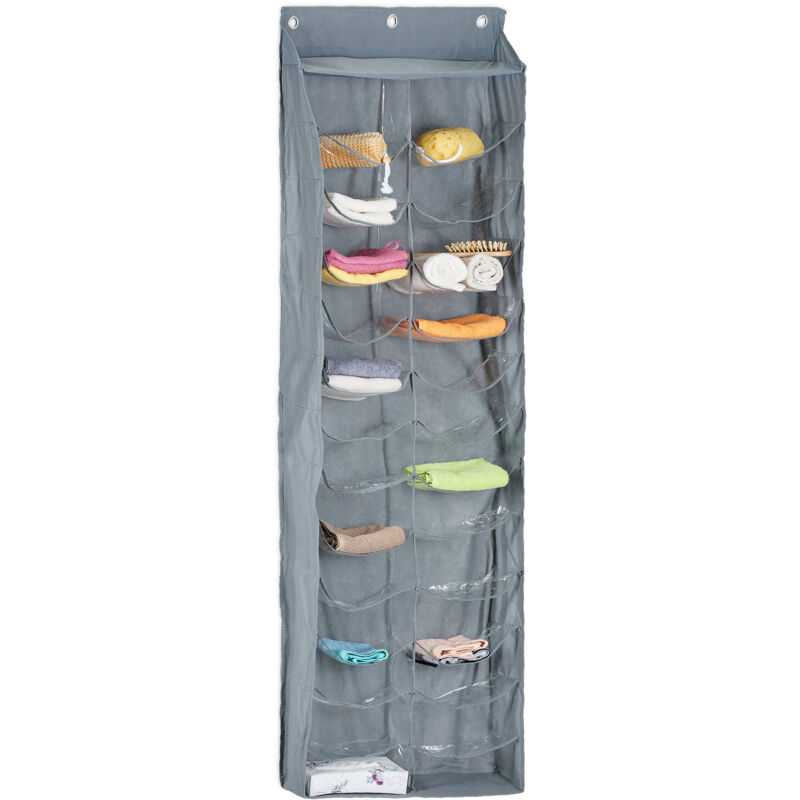 foto del prodotto relaxdays portaoggetti da appendere parete o porta, organizer bagno, 26 scomparti, portasciugamani, grigio trasparente