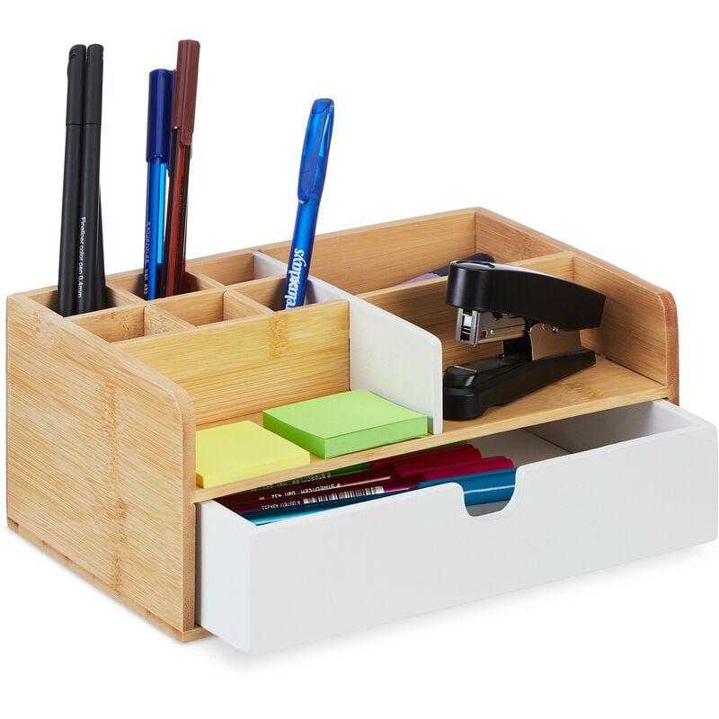 foto del prodotto relaxdays portaoggetti da scrivania con 9 scomparti e cassetto, orgaizer per ufficio, 10 x 25 x 15,5 cm, naturale bianco