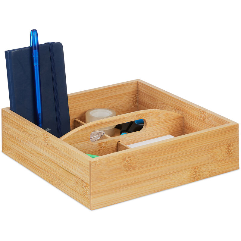 foto del prodotto relaxdays portaoggetti da scrivania, scatola con 4 scomparti e manico, 6,5 x 25 x 25 cm, per bagno, ufficio, naturale