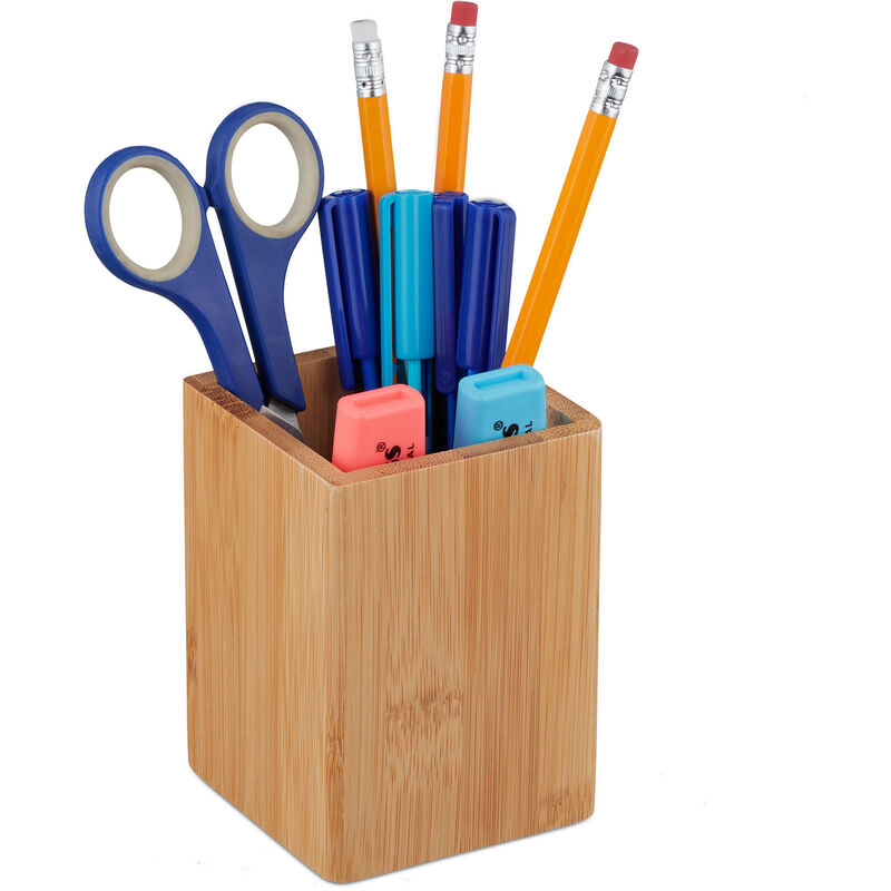 foto del prodotto relaxdays portapenne da scrivania, in bamb , per penne, pennelli e make up, hlp 11 x 8 x 8 cm, desk organizer, marrone