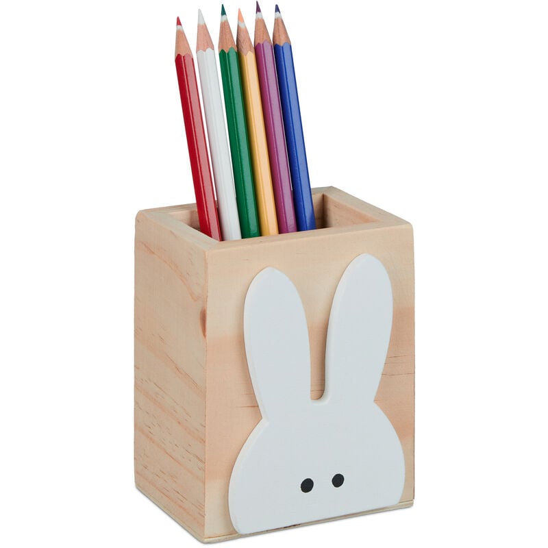 foto del prodotto relaxdays portapenne da scrivania in camera, design coniglio, hlp 10x8x6 cm, box portamatite, legno, naturale bianco