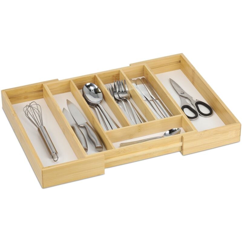 foto del prodotto relaxdays portaposate da cassetto allungabile, bamb e mdf, divisorio con 5 7 scomparti organizer cucina, marrone bianco, fibra di legno