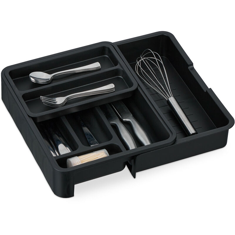 foto del prodotto relaxdays portaposate da cassetto allungabile, hlp 6,5 x 23,5 40 x 31,5 cm, 7 scomparti, divisore per posate, nero