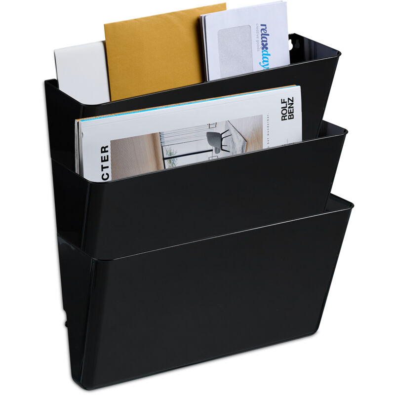 foto del prodotto relaxdays portariviste da parete, set da 3, a4, in plastica, hlp 19 x 33 x 10,5 cm, organizer portagiornali a muro, nero