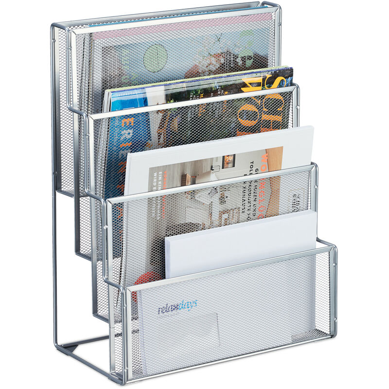 foto del prodotto relaxdays portariviste da scrivania metallo, organizer portadocumenti, 4 scomparti portagiornali, 43x33x18 cm, argento