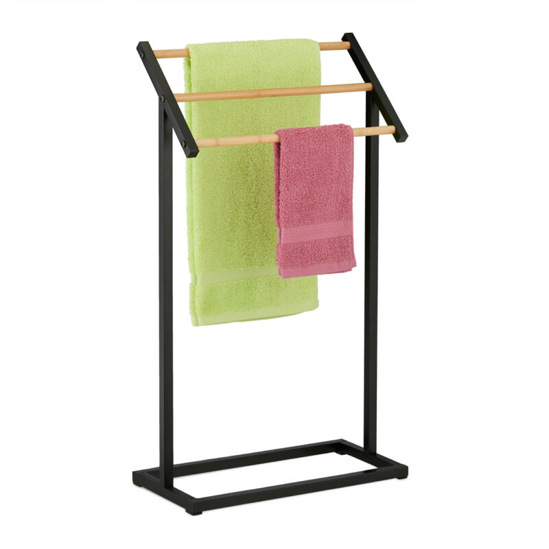 foto del prodotto relaxdays portasciugamani a 3 bracci, piantana autoportante da bagno e cucina, porta asciugamani in ferro nero e marrone