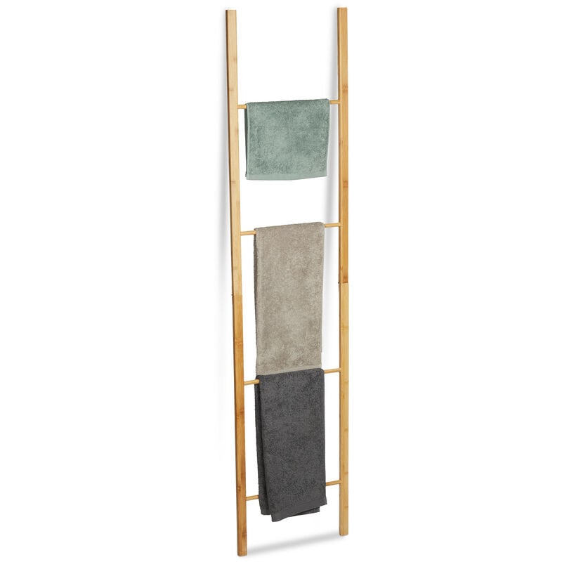 foto del prodotto relaxdays portasciugamani a scaletta, bamb , pieghevole, 4 aste, da appoggiare in bagno, hxlxp 180x42x2 cm, naturale
