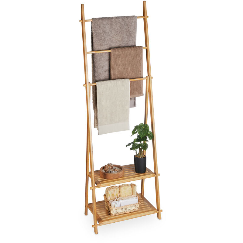 foto del prodotto relaxdays portasciugamani bagno da terra, piantana porta accappatoio con ripiani bamb , hlp 153 x 53,5 x 30 cm, marrone