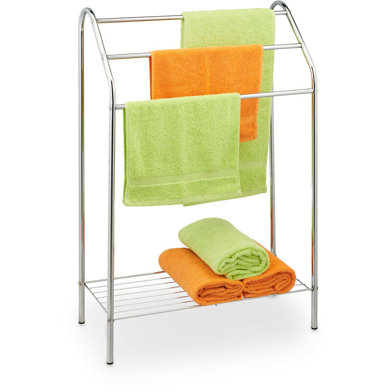 foto del prodotto relaxdays portasciugamani da terra 3 bracci e ripiano, piantana bagno asciugamani, 83,5x57,5x25,5 cm, acciaio, argentato