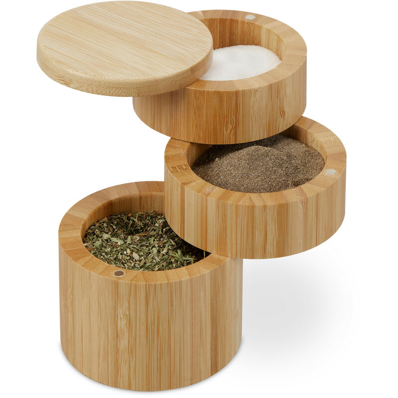foto del prodotto relaxdays portaspezie con coperchio, 3 scomparti girevoli per spezie, hxd 13x9 cm, chiusura magnetica, bamb , naturale