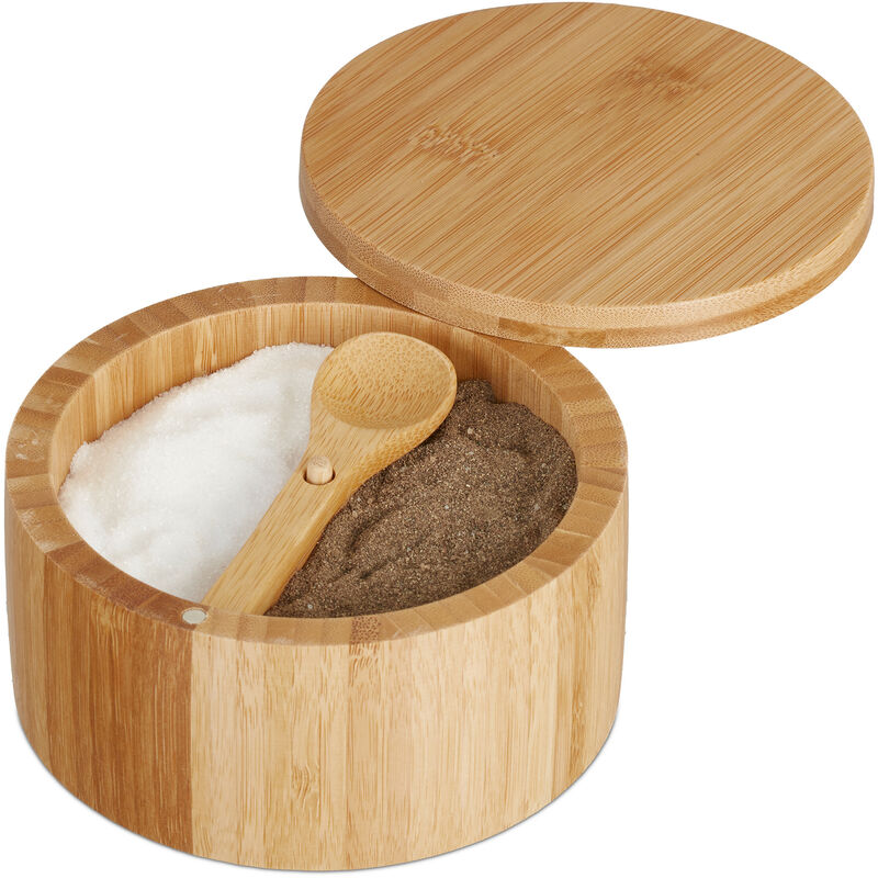 foto del prodotto relaxdays portaspezie con coperchio magnetico e cucchiaino, 2 scomparti per spezie, hxd 6,5x12,5 cm, bamb , naturale